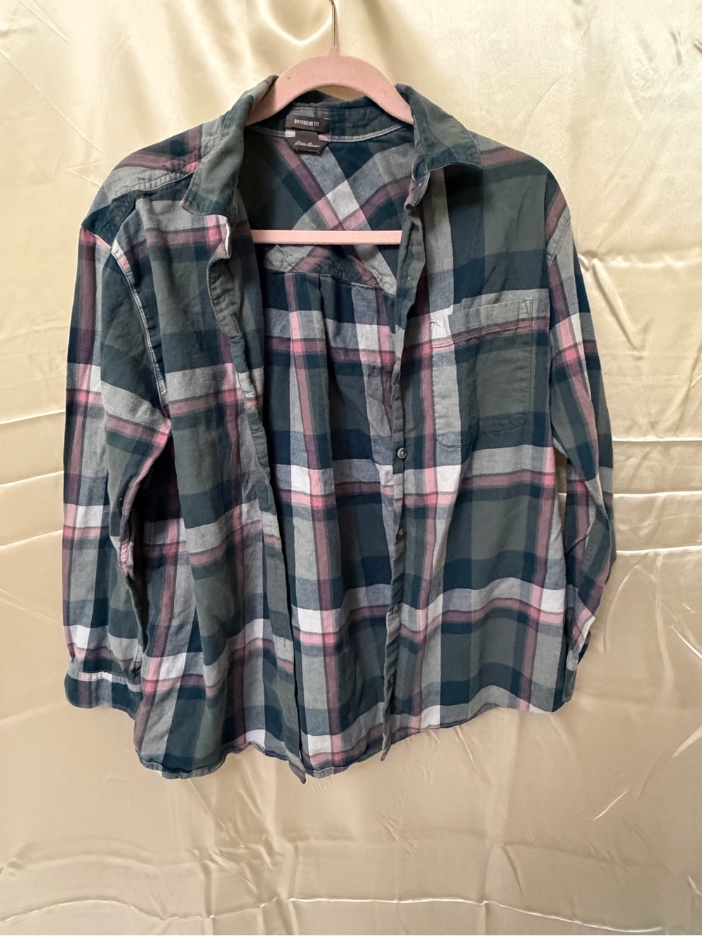 Eddie Bauer Navy, Pink and Cream Plaid Boyfriend Fit Button-Up
